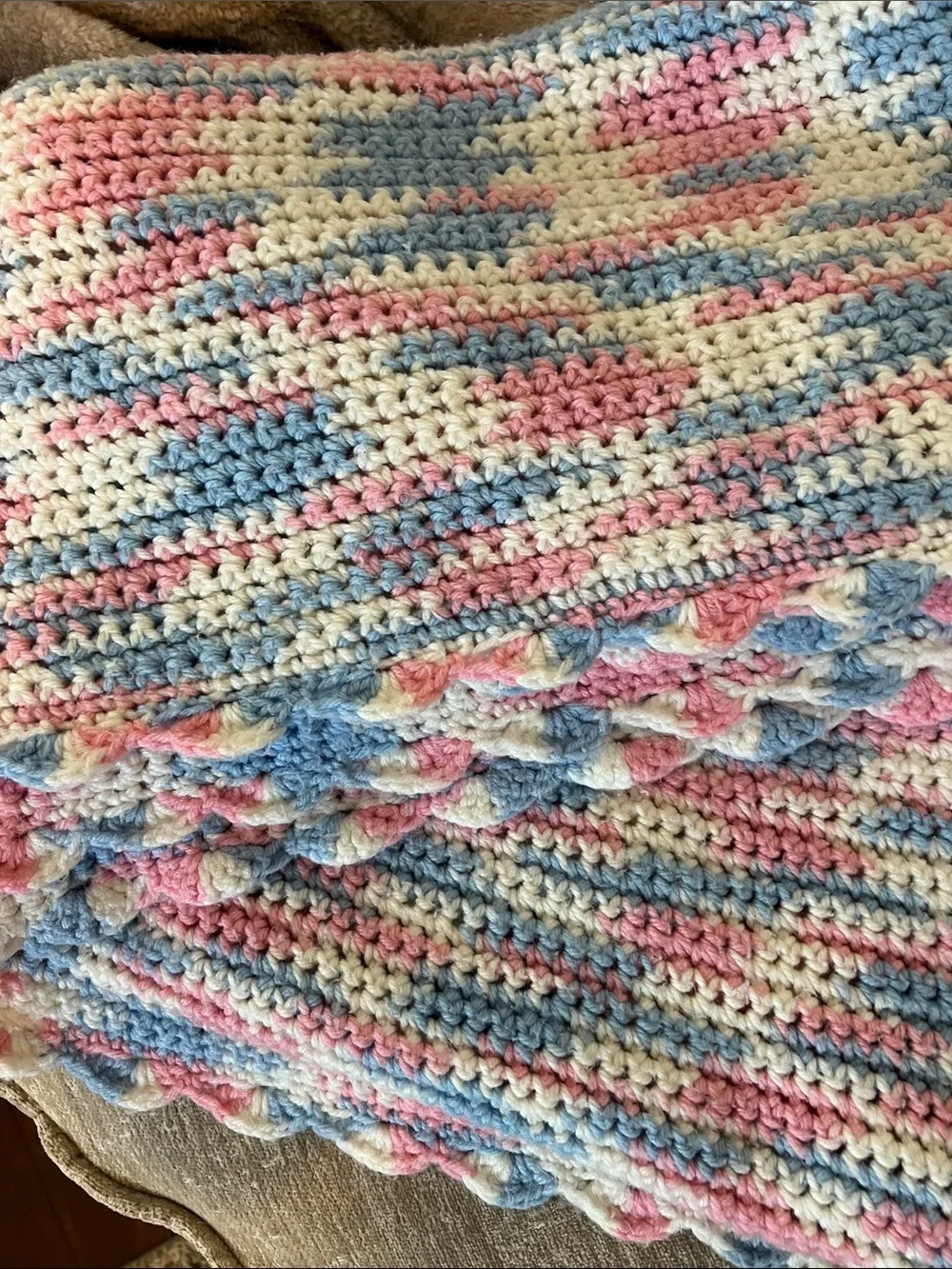 Handmade Pastel Crochet Throw Blanket - Pink, Blue & Cream